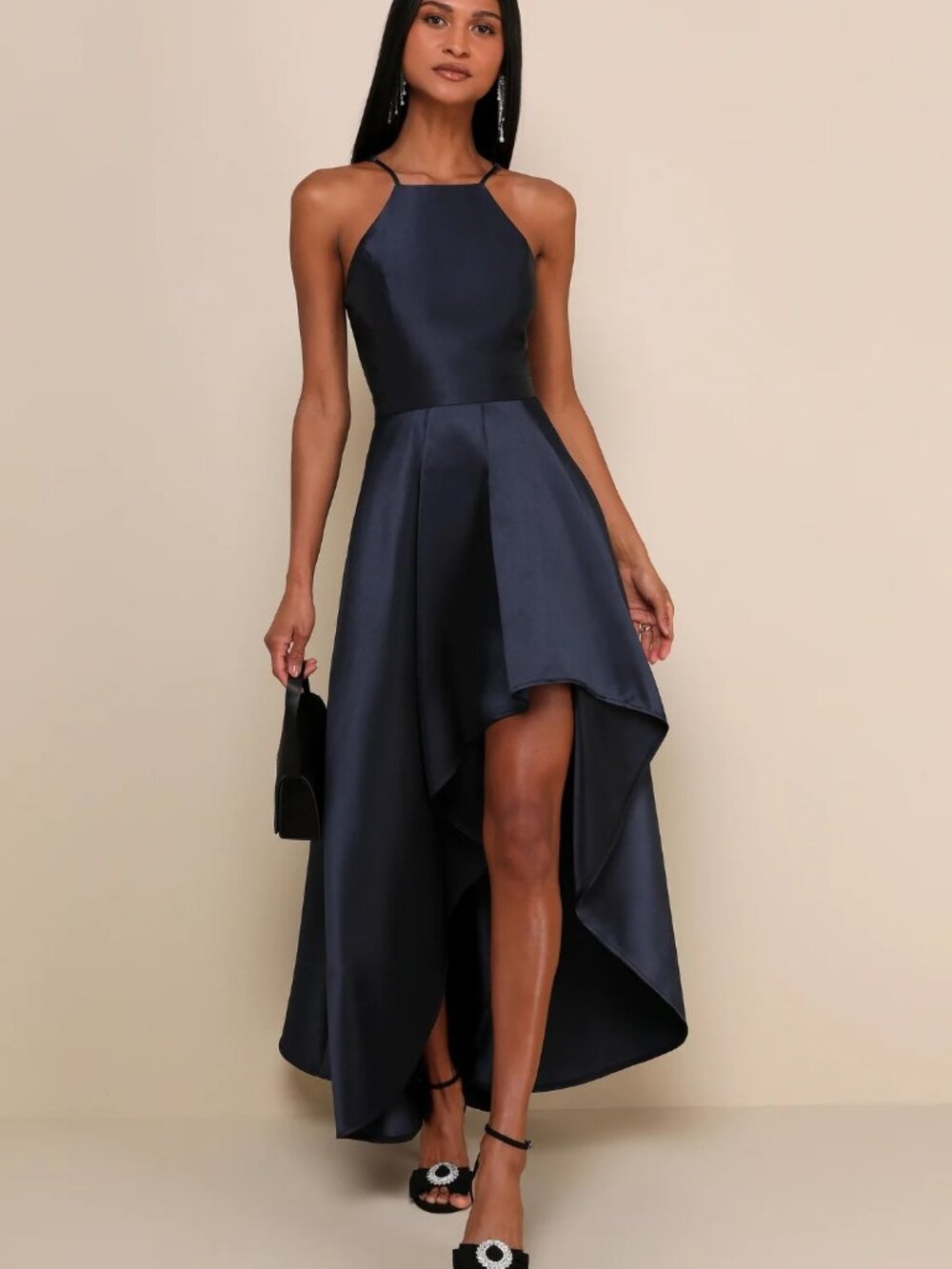 Elegant Navy High-Low Halter Evening Dress